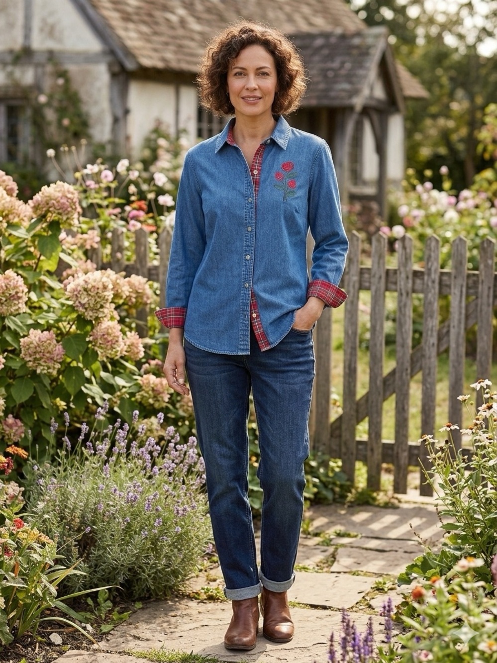 Cabin Creek Denim Embroidered Rose Shirt Petite Medium PM Plaid Cottagecore Blue